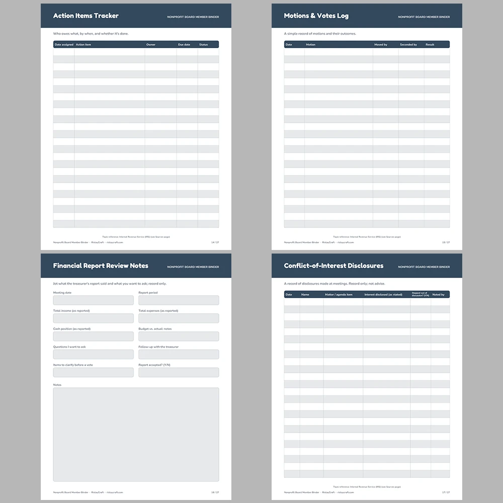 Nonprofit Board Member Binder Printable | Board Roster, Committees, Meeting Notes, Action Items & Donor Log | Fillable PDF Organizer