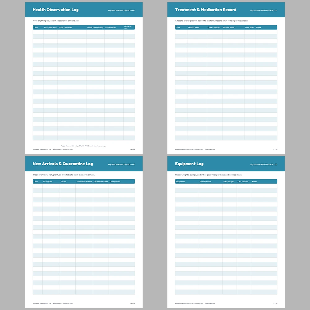 Aquarium Maintenance Log Printable | Fish Tank Water Test Tracker | Water Change Log | Aquarium Planner PDF | Instant Download
