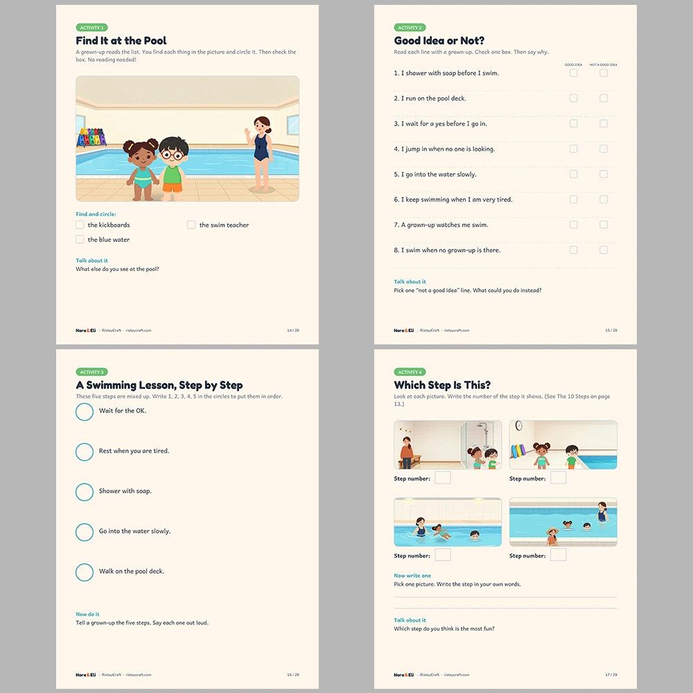 First Swimming Lesson Social Narrative for Kids | 29-Page Printable Big Moment Story Ages 4–8 | Swim Class Pool Story Activities