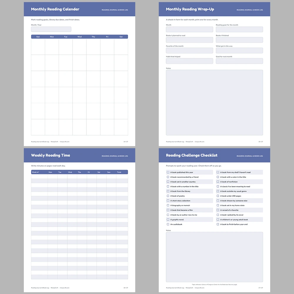 Reading Journal Printable | Book Log, Reading Goals, Book Review Pages, Quotes Log, Series & Library Loan Tracker | Fillable PDF
