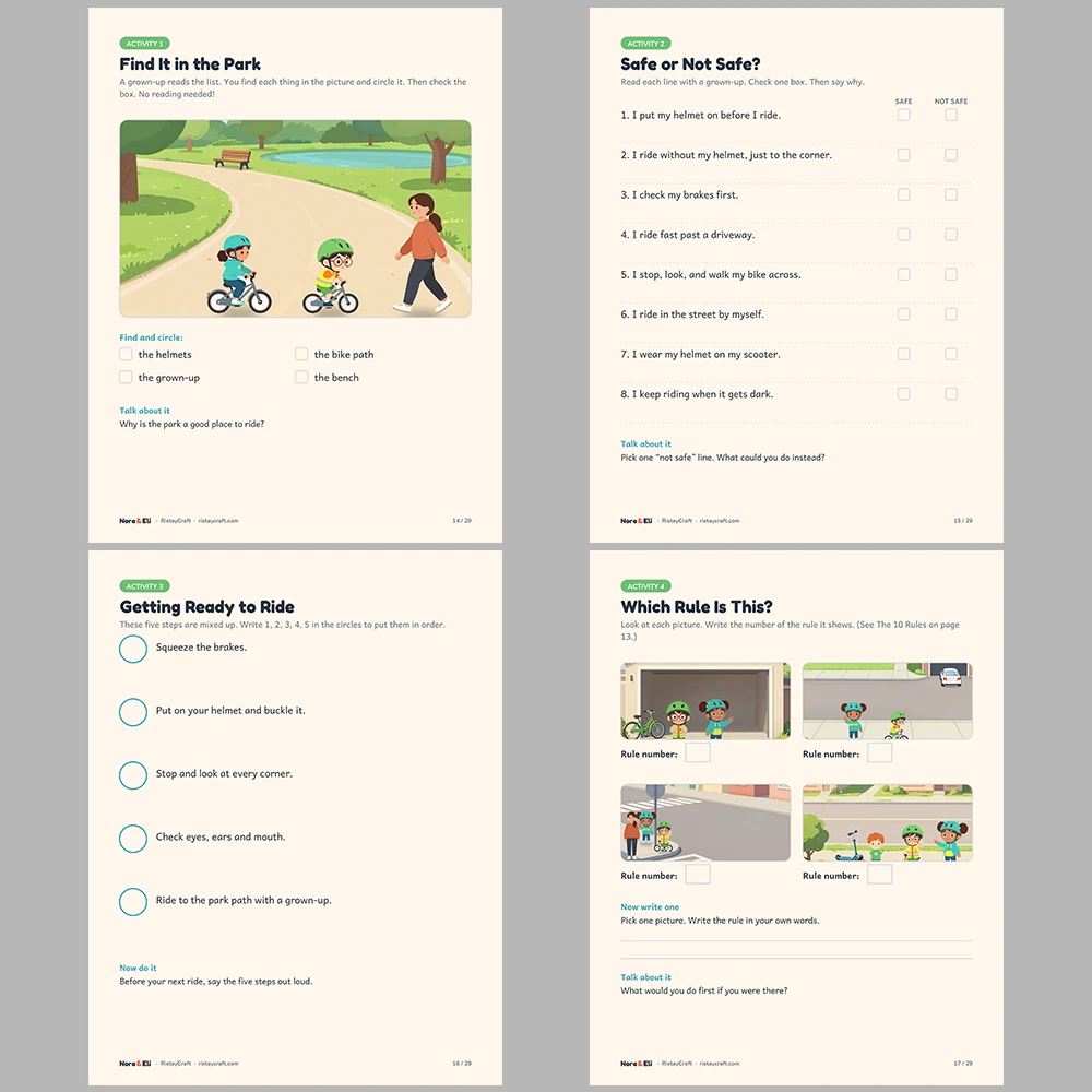 Bike Safety for Kids Printable | 29-Page Bike and Scooter Helmet Safety Workbook Ages 5–8 | Stories Activities