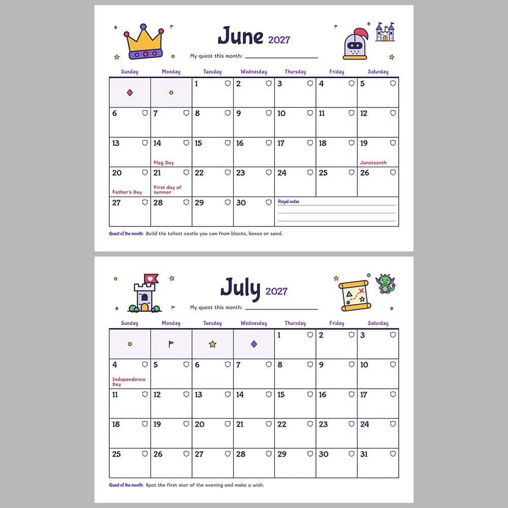 2027 Kids Calendar Printable | Castle & Dragons Monthly Calendar with Activities | Sunday & Monday Start | Letter A4 Desk Pad PDF