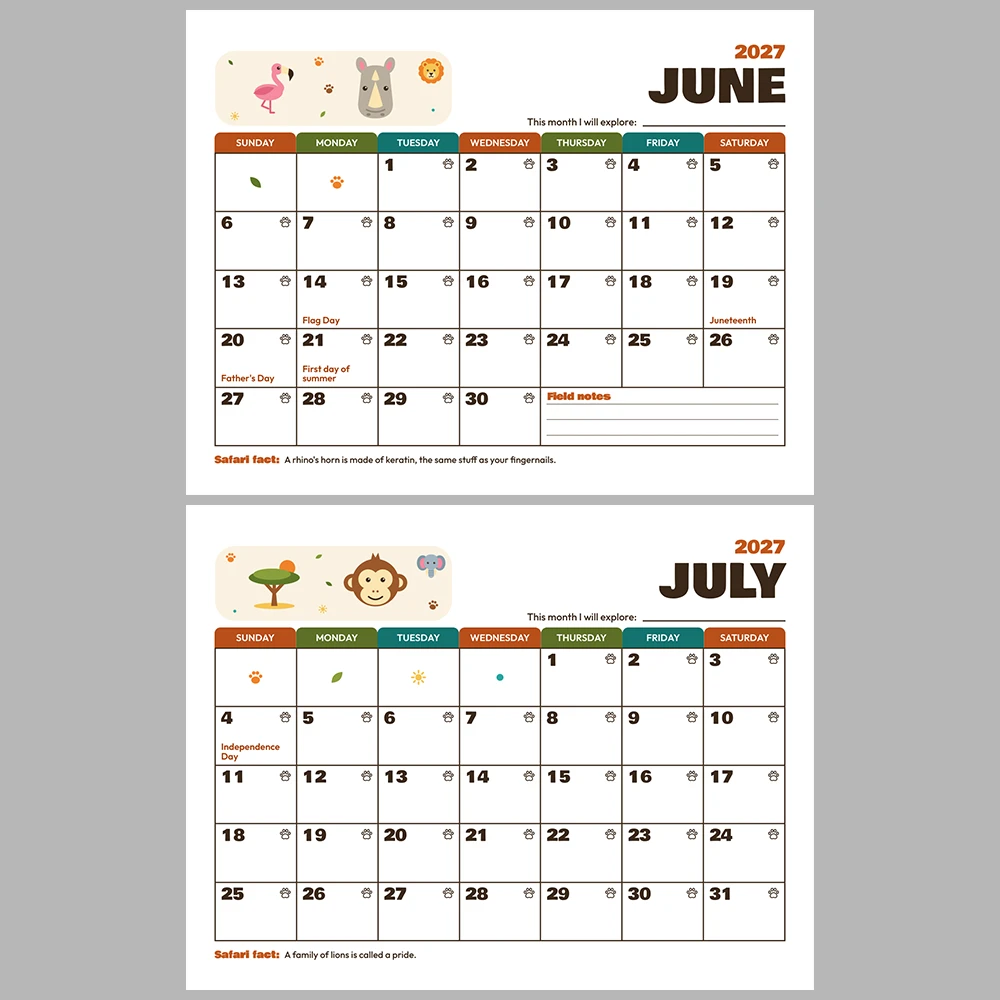 2027 Kids Calendar Printable | Safari Adventure Monthly Calendar with Activities | Sunday & Monday Start | Letter A4 Desk Pad PDF