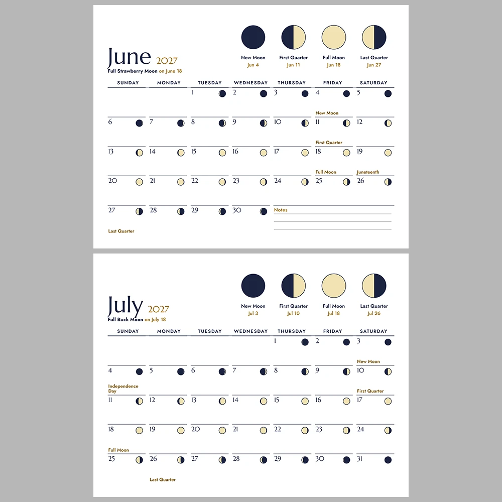 2027 Moon Phases Calendar Printable | Lunar Phase Monthly Wall Calendar | Sunday & Monday Start | Letter A4 Desk Pad PDF