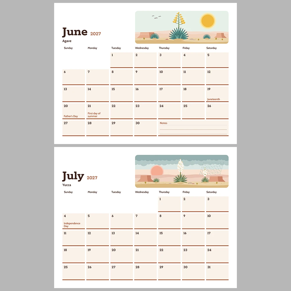 2027 Desert Southwest Calendar Printable | Cactus Desert Art Monthly Wall Calendar | Sunday & Monday Start | Letter A4 Desk Pad PDF