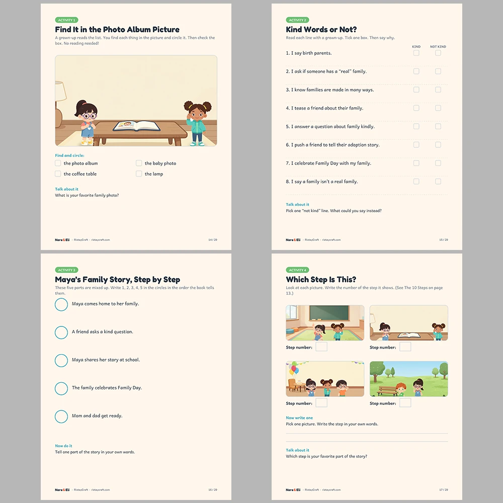 Adoption Family Story Social Narrative for Kids | 29-Page Printable Big Moment Story Ages 4–8 | Birth Parents Family Day Activities