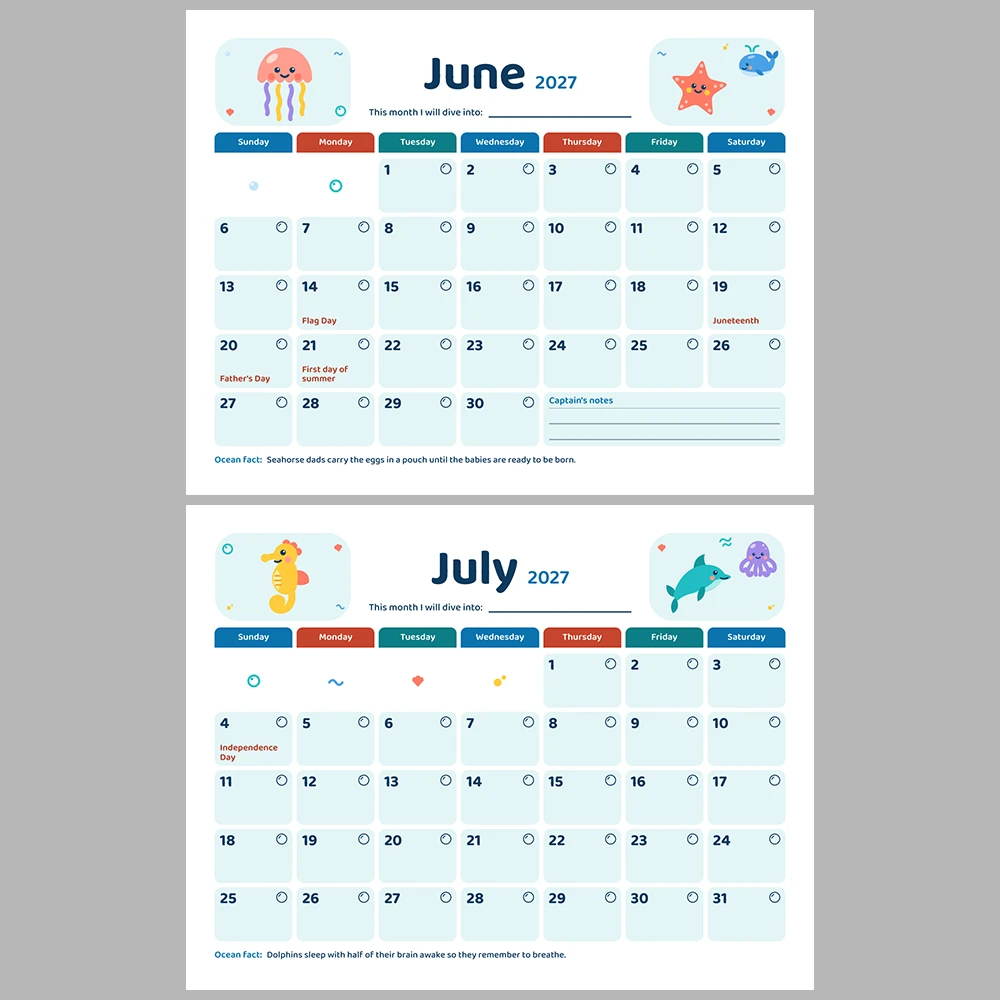 2027 Kids Calendar Printable | Ocean Friends Monthly Calendar with Activities | Sunday & Monday Start | Letter A4 Desk Pad PDF