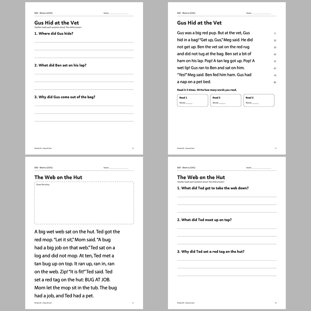 Short e (CVC) Decodable Readers | 8 Stories 38 Pages | Phonics Printable PDF | Ages 5-6
