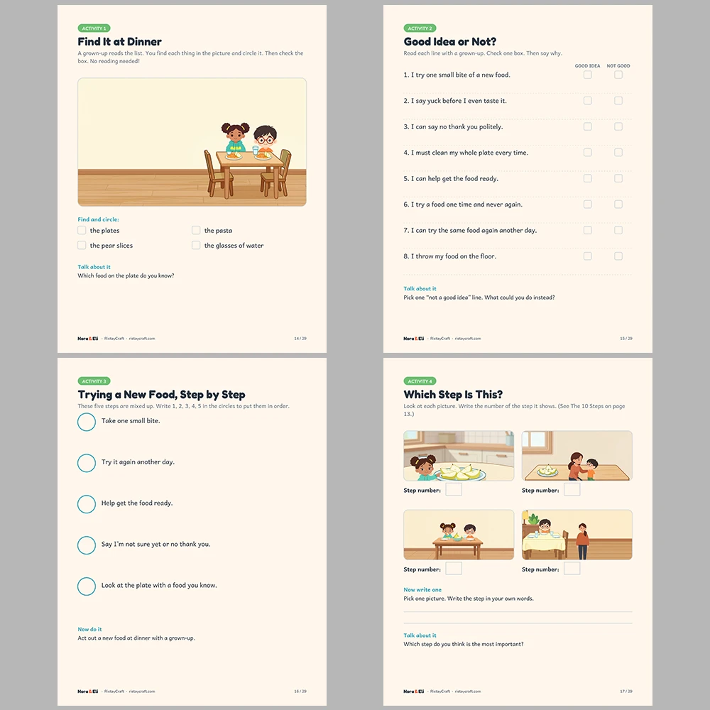Trying New Foods Social Narrative for Kids | 29-Page Printable Big Moment Story Ages 4–8 | Picky Eater Mealtime Story Activities