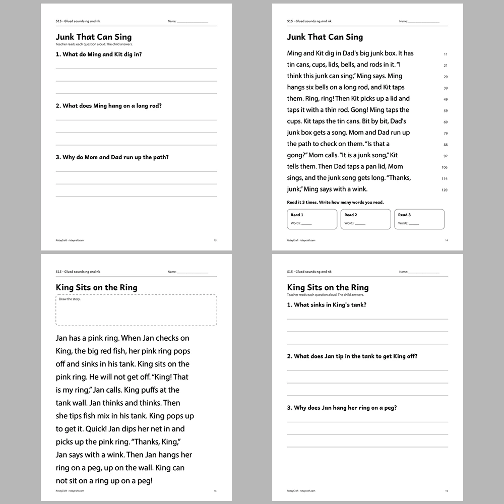 Glued sounds ng and nk Decodable Readers | 8 Stories 38 Pages | Phonics Printable PDF | Ages 5-6