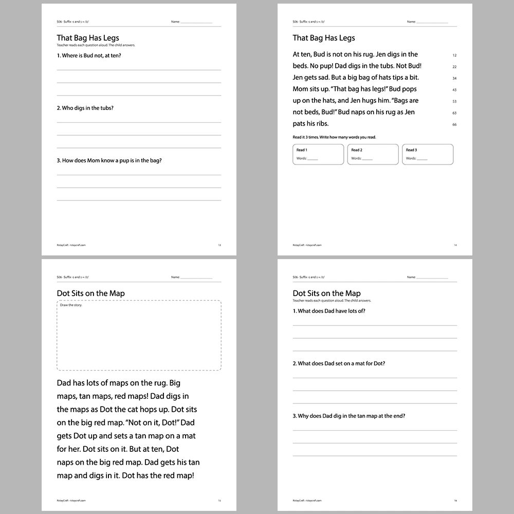Suffix -s and s = /z/ Decodable Readers | 8 Stories 38 Pages | Phonics Printable PDF | Ages 5-6