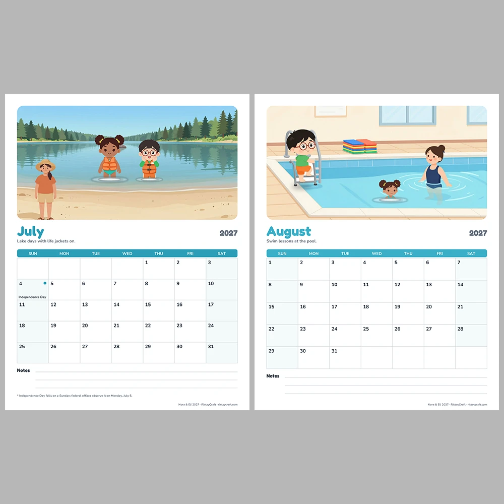 2027 Printable Calendar for Kids | Nora & Eli Monthly Wall Calendar with US Holidays | Family Planner Letter A4 PDF
