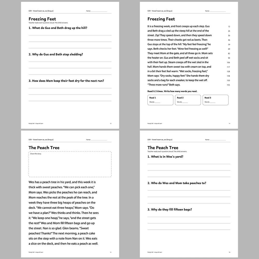Vowel team ee, ea (long e) Decodable Readers | 10 Stories 44 Pages | Phonics Printable PDF | Ages 6-8