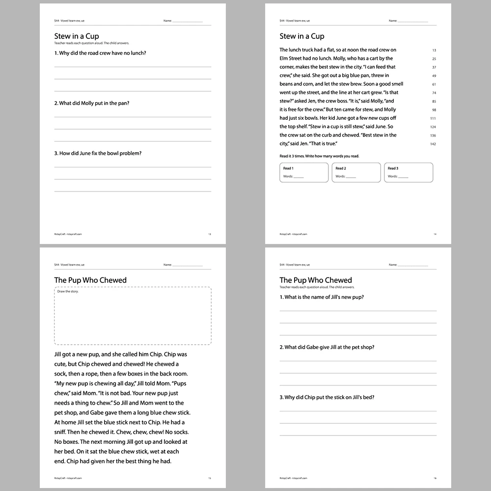 Vowel team ew, ue Decodable Readers | 10 Stories 44 Pages | Phonics Printable PDF | Ages 6-9