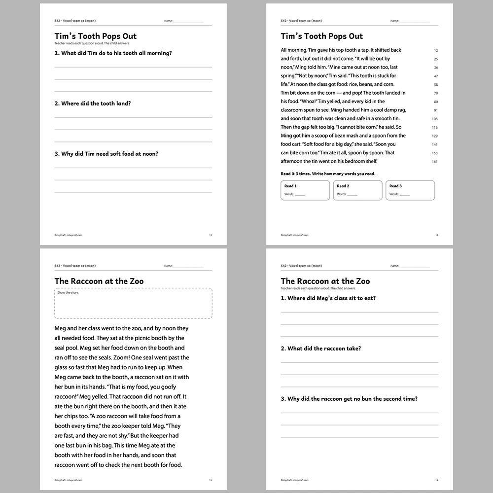 Vowel team oo (moon) Decodable Readers | 10 Stories 44 Pages | Phonics Printable PDF | Ages 6-9