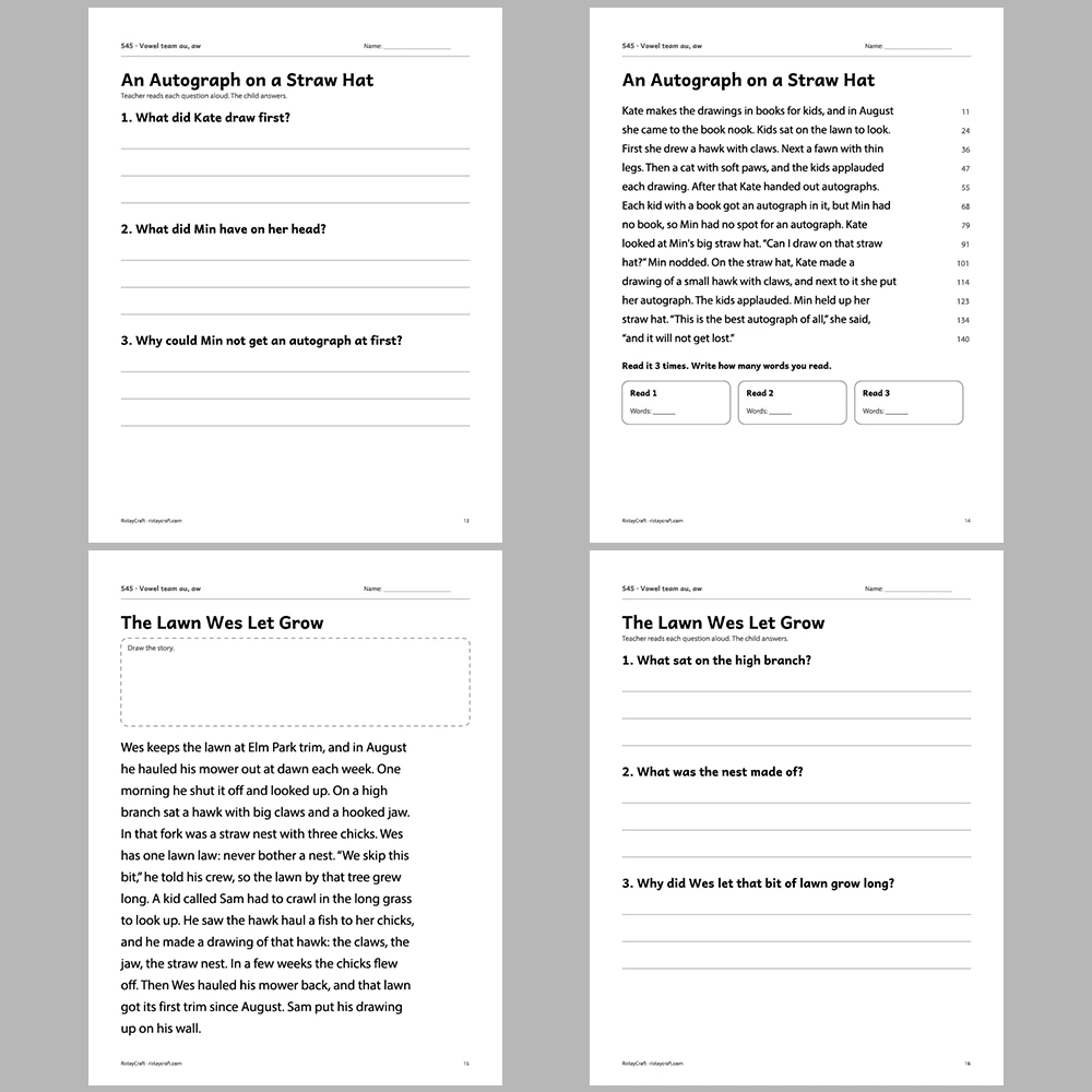 Vowel team au, aw Decodable Readers | 10 Stories 44 Pages | Phonics Printable PDF | Ages 6-9