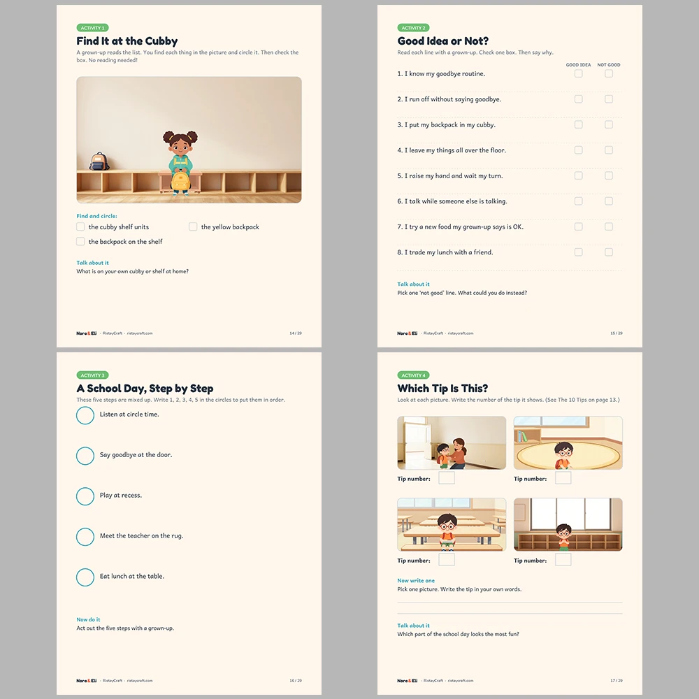 First Day of School Social Narrative for Kids | 29-Page Printable Big Moment Story Ages 4–8 | Goodbye Routine Circle Time Activities