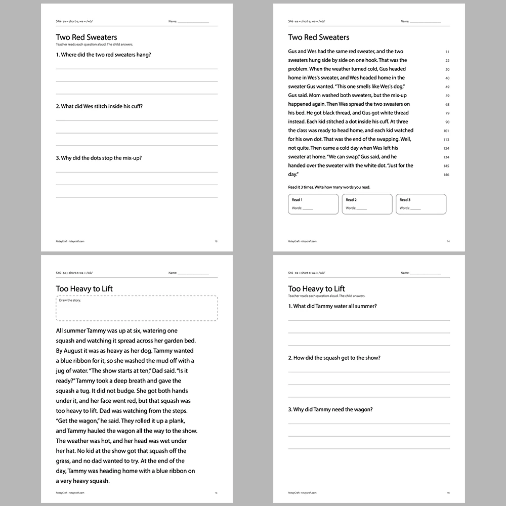 ea = short e; wa = /wŏ/ Decodable Readers | 10 Stories 44 Pages | Phonics Printable PDF | Ages 6-9