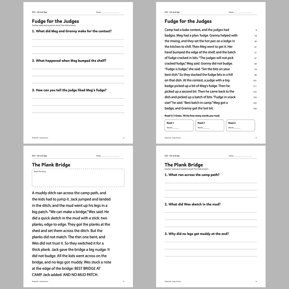 tch and dge Decodable Readers | 10 Stories 44 Pages | Phonics Printable PDF | Ages 6-8