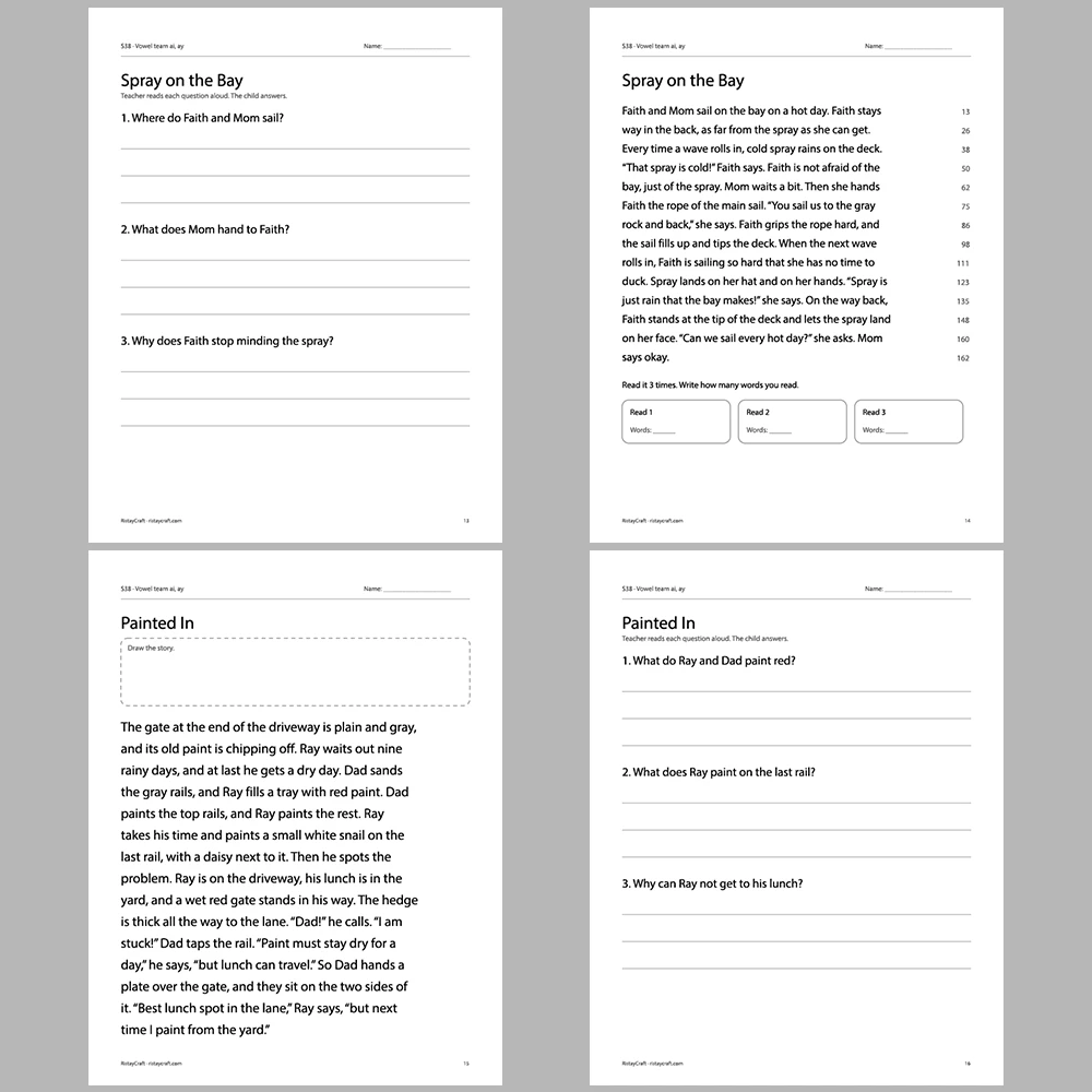 Vowel team ai, ay Decodable Readers | 10 Stories 44 Pages | Phonics Printable PDF | Ages 6-8