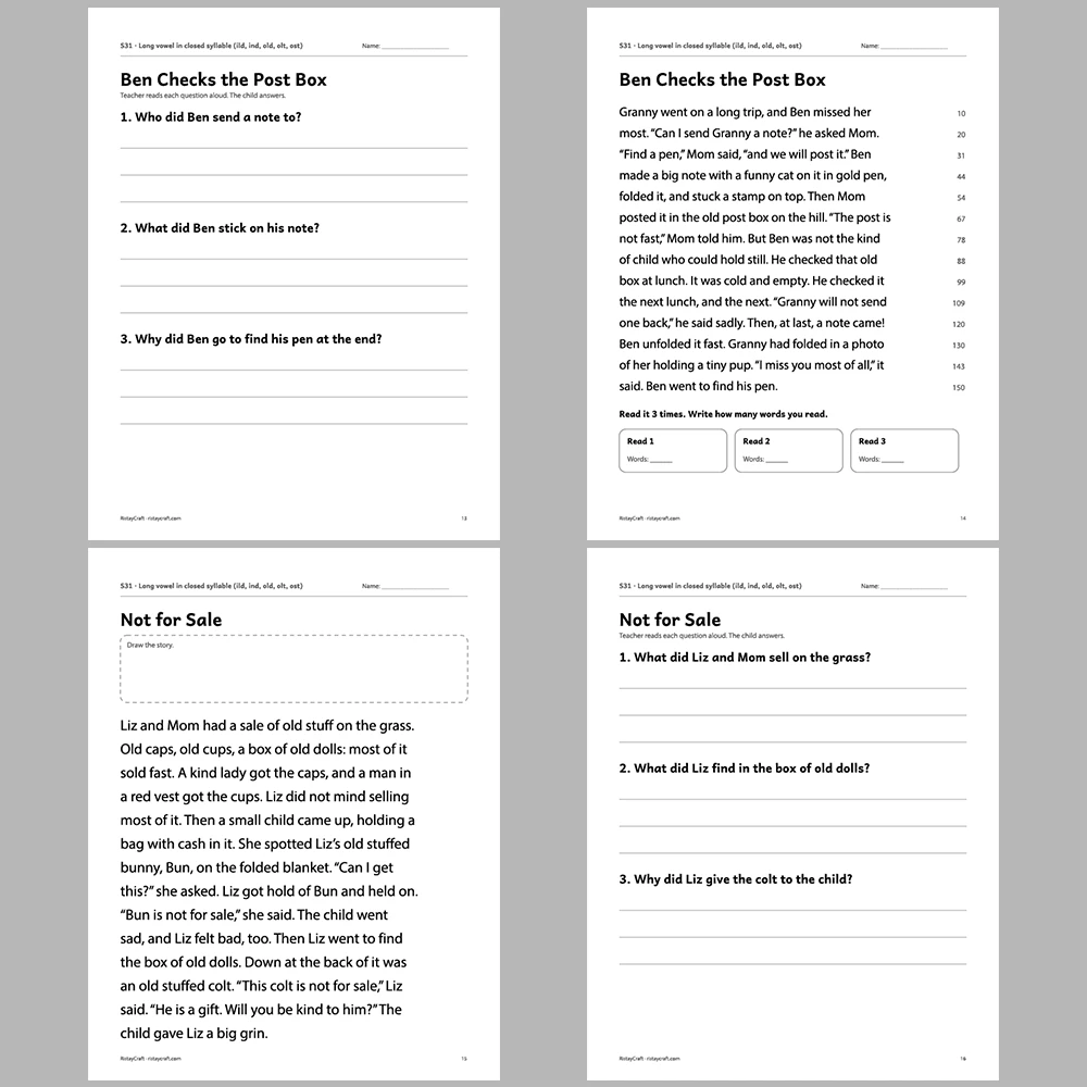 Long vowel in closed syllable (ild, ind, old, olt, ost) Decodable Readers | 10 Stories 44 Pages | Phonics Printable PDF | Ages 6-8