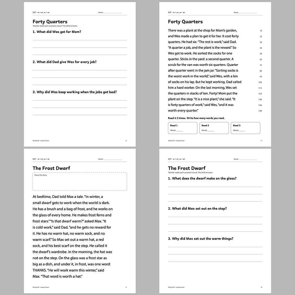 w + or, w + ar Decodable Readers | 10 Stories 44 Pages | Phonics Printable PDF | Ages 6-8