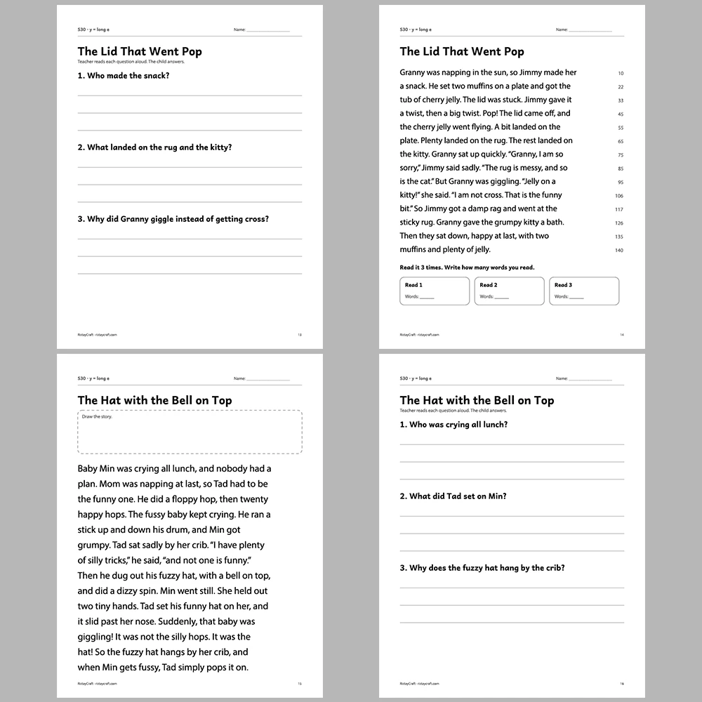 y = long e Decodable Readers | 10 Stories 44 Pages | Phonics Printable PDF | Ages 6-8