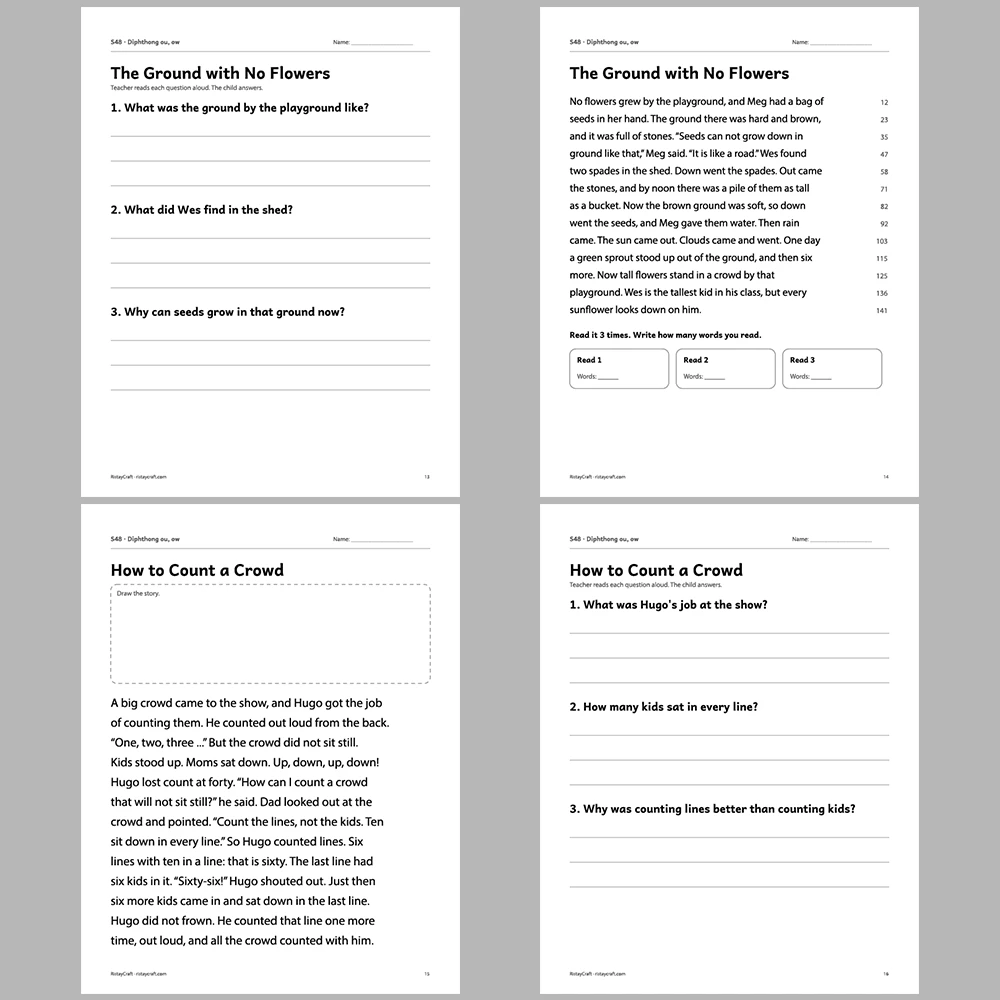 Diphthong ou, ow Decodable Readers | 10 Stories 44 Pages | Phonics Printable PDF | Ages 6-9