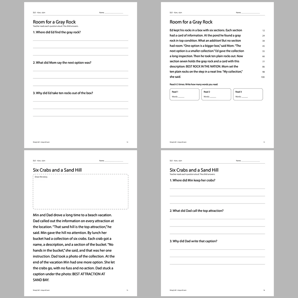 -tion, -sion Decodable Readers | 10 Stories 44 Pages | Phonics Printable PDF | Ages 6-9