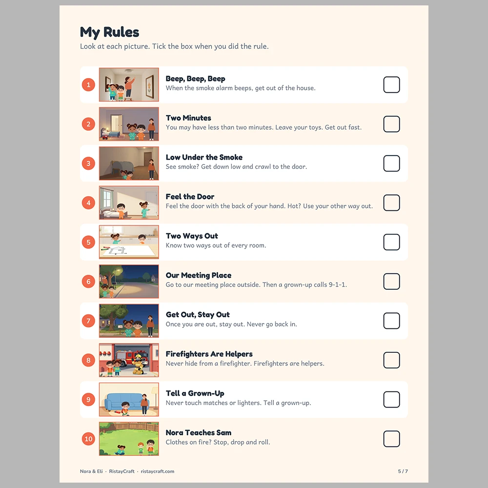 Fire Safety for Kids Picture Rule Cards | Printable Visual Sequence Cards for Kids Ages 5–8 | Safety Rules Companion