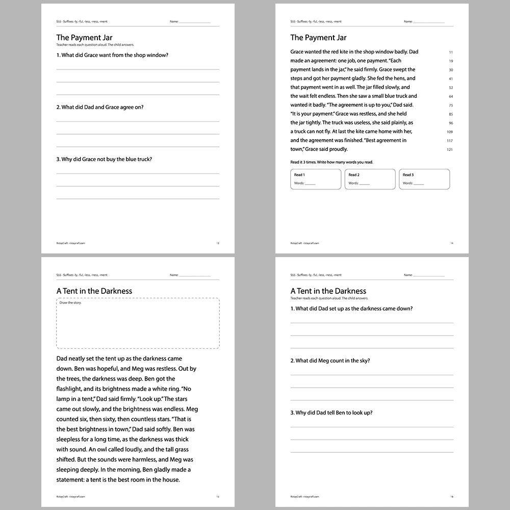 Suffixes -ly, -ful, -less, -ness, -ment Decodable Readers | 10 Stories 44 Pages | Phonics Printable PDF | Ages 6-9