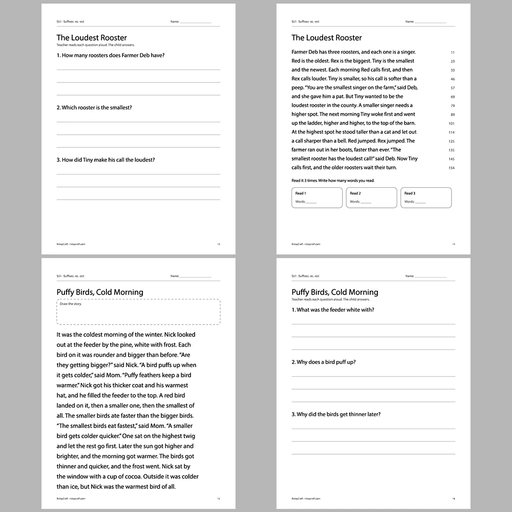 Suffixes -er, -est Decodable Readers | 10 Stories 44 Pages | Phonics Printable PDF | Ages 6-9