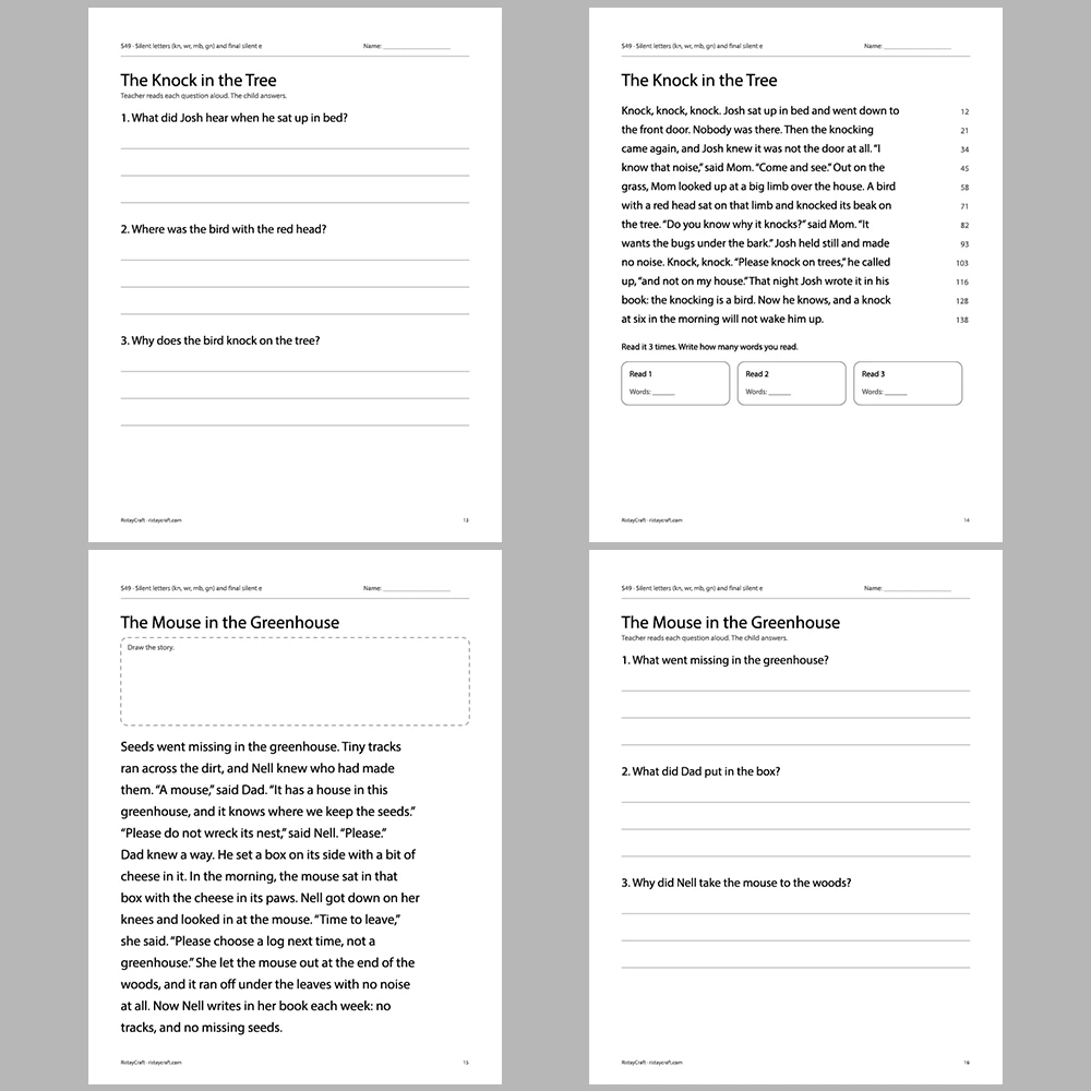 Silent letters (kn, wr, mb, gn) and final silent e Decodable Readers | 10 Stories 44 Pages | Phonics Printable PDF | Ages 6-9