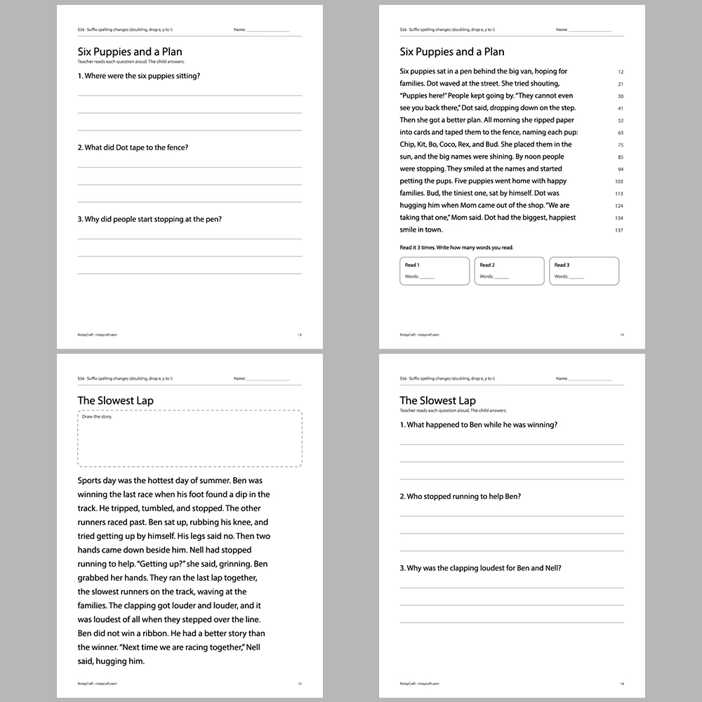 Suffix spelling changes (doubling, drop e, y to i) Decodable Readers | 10 Stories 44 Pages | Phonics Printable PDF | Ages 6-9