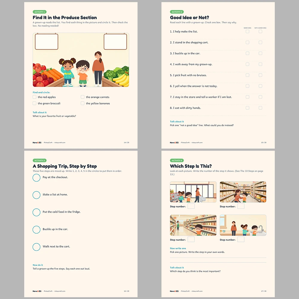 Grocery Store Social Narrative for Kids | 29-Page Printable Big Moment Story Ages 4–8 | Shopping List Cart Checkout Story Activities