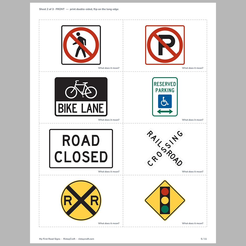 Road Signs Flash Cards for Kids | 23 Traffic Signs with Simple Meanings | Preschool Kindergarten Safety Activity | Printable PDF