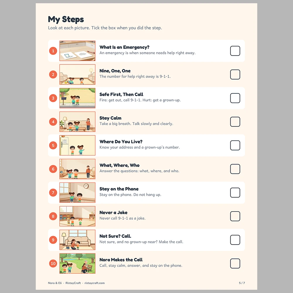 Calling 9-1-1 for Kids Picture Step Cards | Printable Visual Sequence Cards for Kids Ages 5–8 | Safety Rules Companion