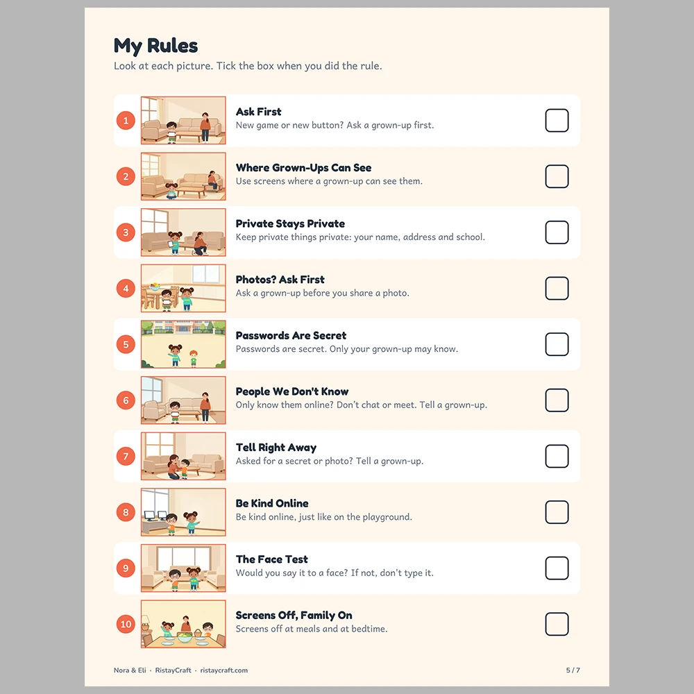 Internet Safety for Kids Picture Rule Cards | Printable Visual Sequence Cards for Kids Ages 5–8 | Safety Rules Companion