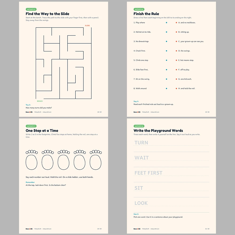 Playground Safety for Kids Printable | 29-Page Recess and Park Safety Workbook Ages 5–8 | Stories Activities