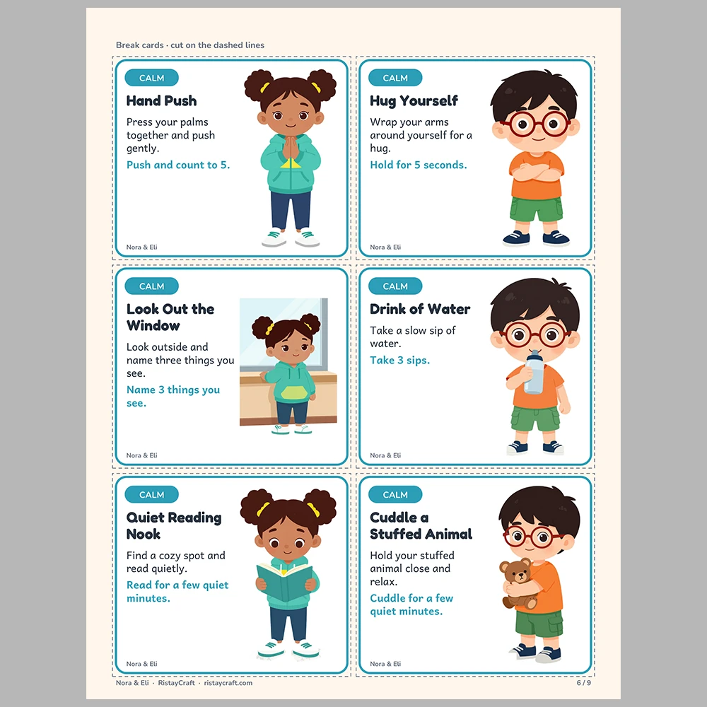 Movement & Calm Break Cards for Kids, Printable Brain Break Cards Ages 4-8, Classroom Calm Corner, Nora & Eli