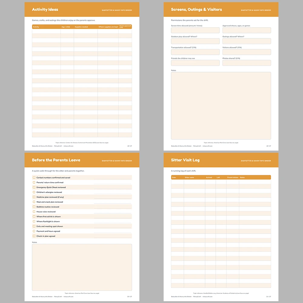 Babysitter Binder Printable | Nanny Info Sheet | Emergency Contacts, Child Profile, Bedtime Routine, Sitter Notes | Instant Download PDF