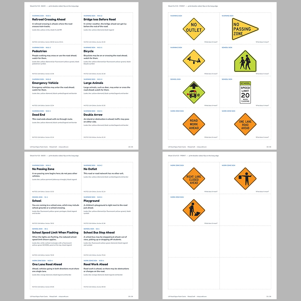 US Road Signs Flash Cards | 75 Real US Traffic Signs with Meanings | Driver’s Ed & Permit Test Study Cards | Printable PDF