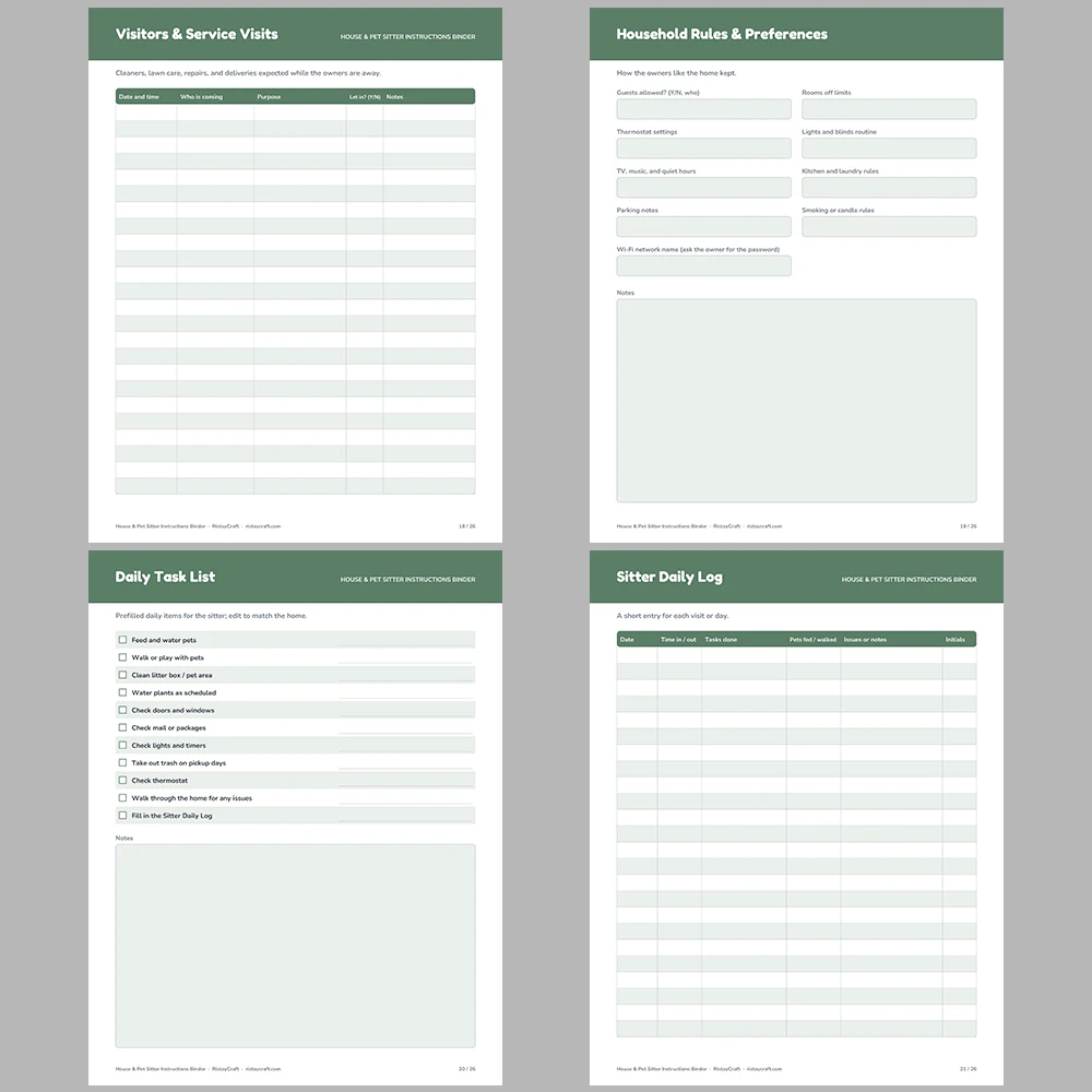 House Sitter Binder Printable | Pet Sitter Instructions | Home Info, Pet Care, Plant Care, Daily Log | Instant Download PDF