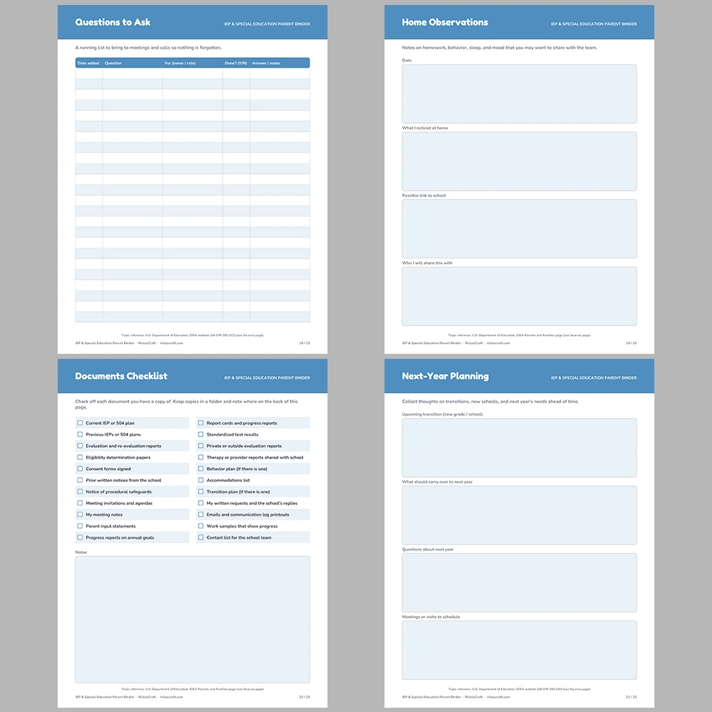IEP Binder Printable | Special Education Parent Organizer | 504 Plan Meeting Notes, Goals Tracker & Communication Log | PDF