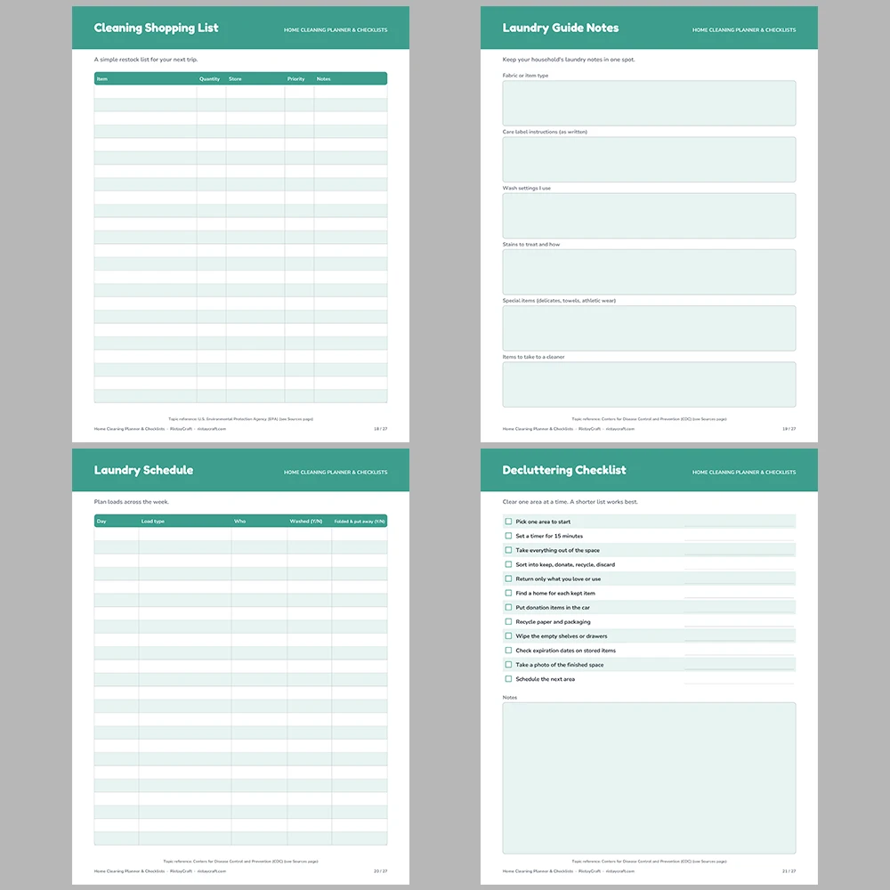 Home Cleaning Planner Printable | Cleaning Checklists, Chore Chart, Deep Clean Room Lists, Supplies Inventory & Calendar | Fillable PDF