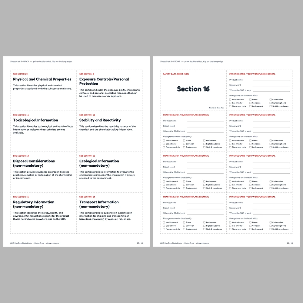 GHS Hazard Pictogram Flash Cards | OSHA HazCom Training | 16 SDS Sections, Signal Words & Label Elements | Printable PDF