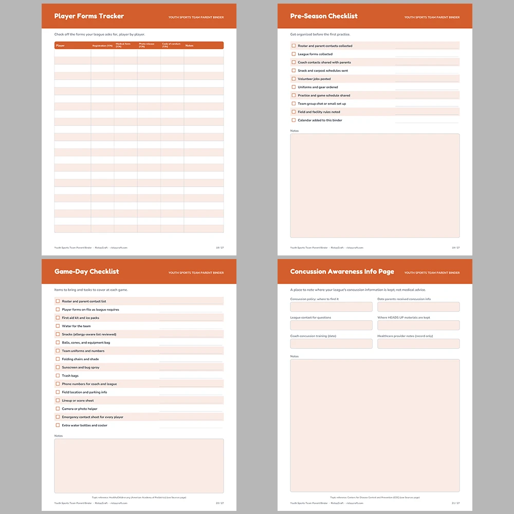 Team Parent Binder Printable | Youth Sports Manager Organizer | Roster, Snack Schedule, Carpool Log, Game Day Checklist | Instant PDF