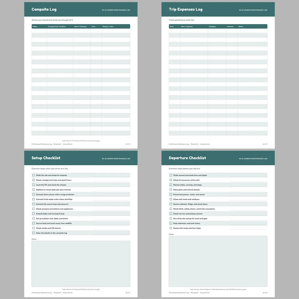 RV Maintenance Log Printable | Camper Trip Planner | Campsite Log & Checklists | RV Binder PDF | Travel Trailer Organizer Instant Download