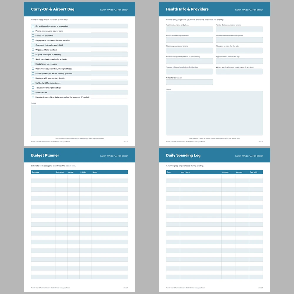 Family Travel Planner Printable | Vacation Binder PDF | Itinerary, Packing List, Budget, Documents Checklist | Instant Download