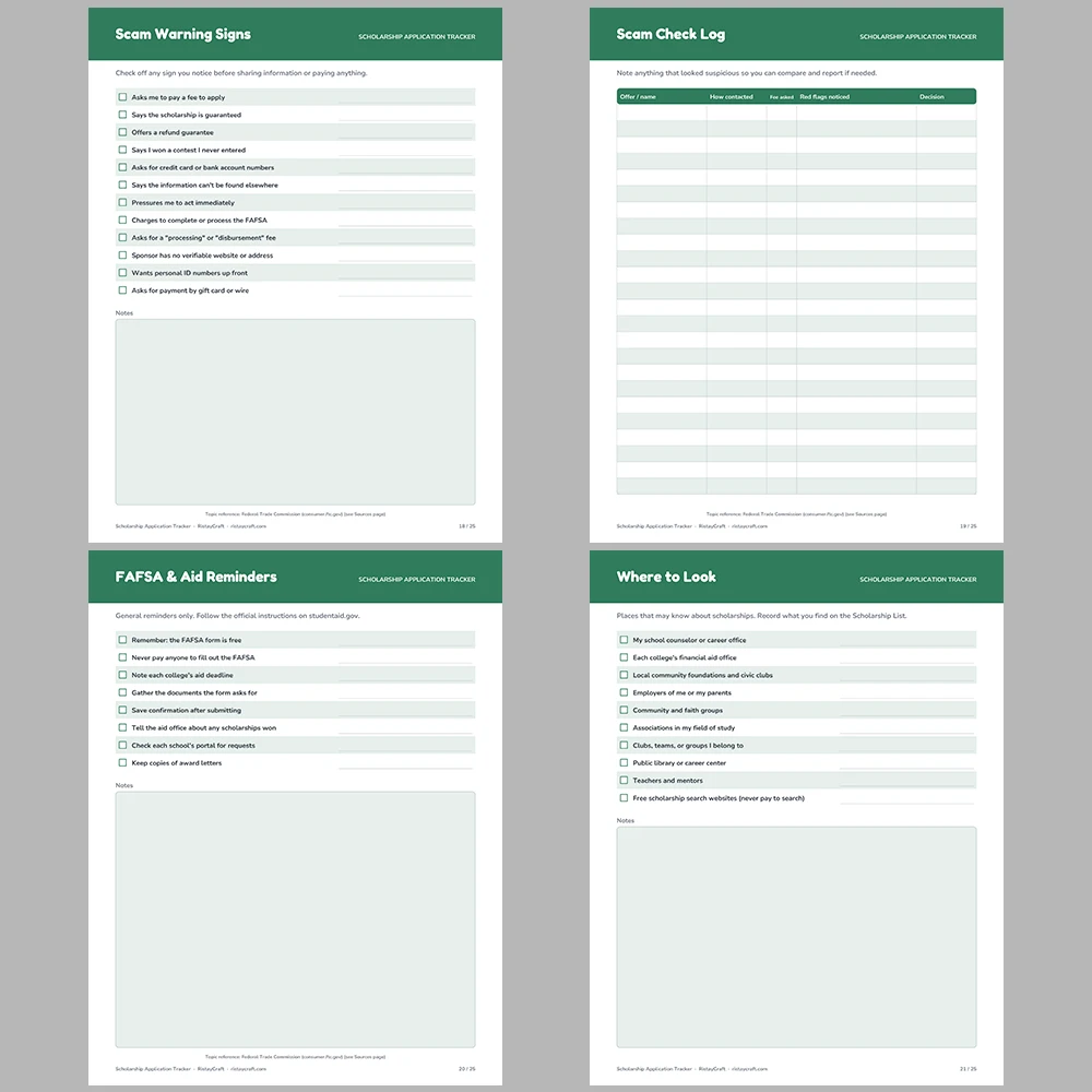 Scholarship Application Tracker Printable | Scholarship Planner, Essay & Deadline Log, Scam Checklist | Instant Download PDF